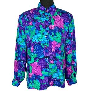 VINTAGE 80s Abstract Watercolor Long Sleeve Blouse